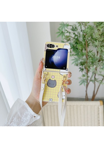 Samsung Galaxy Z Flip5 5g Kılıf Için Karikatür Kedi Pu+Pc Telefon Kılıfı Çapraz Askılı-Sarı (Yurt Dışından)
