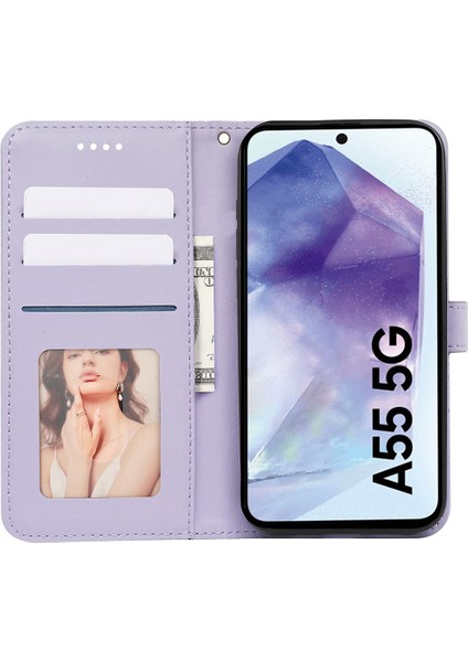 Samsung Galaxy A55 5g Kılıf Kübik Izgara Baskılı Pu Deri Cüzdan Telefon Kapağı-Mor (Yurt Dışından)
