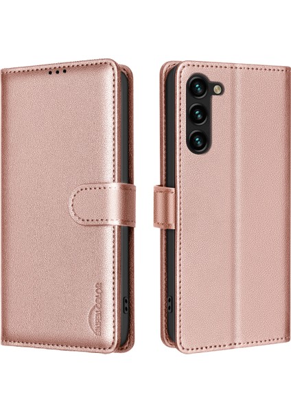 Bınfen Renk Samsung Galaxy S23 + Kılıf Litchi Doku Rfıd Engelleme Deri Telefon Kapağı-Gül Altın (Yurt Dışından)