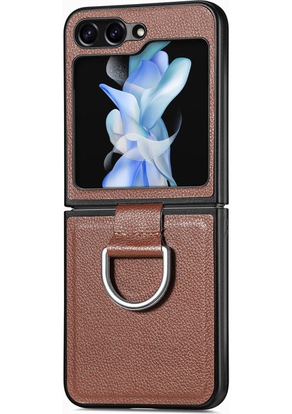 Samsung Galaxy Z Flip6 5g Kılıf Litchi Doku Halka Tutucu Deri + Pc Telefon Kapağı-Kahverengi (Yurt Dışından)