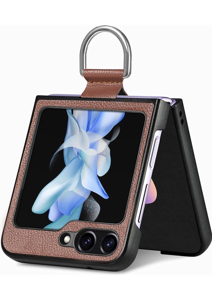 Samsung Galaxy Z Flip6 5g Kılıf Litchi Doku Halka Tutucu Deri + Pc Telefon Kapağı-Kahverengi (Yurt Dışından)