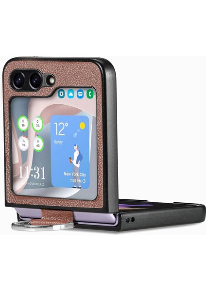 Samsung Galaxy Z Flip6 5g Kılıf Litchi Doku Halka Tutucu Deri + Pc Telefon Kapağı-Kahverengi (Yurt Dışından)