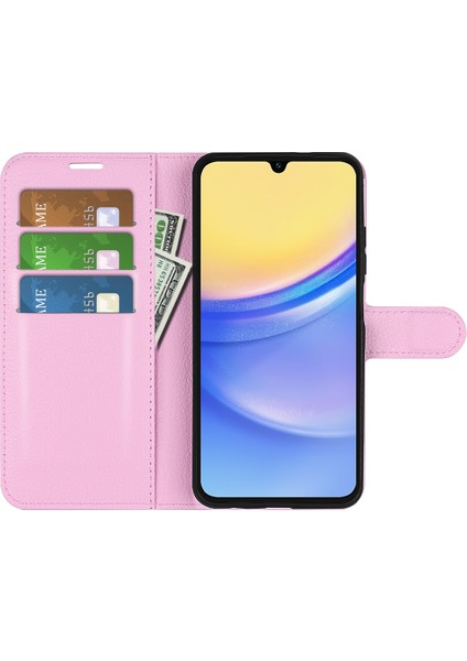 Samsung Galaxy M15 5g Kılıf Litchi Doku Deri Telefon Kapak Kart Yuvası Manyetik Toka-Pembe (Yurt Dışından)