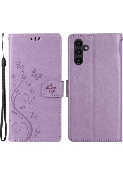 Samsung Galaxy M55 5g Kılıf Cüzdan Çiçek Pu Deri Telefon Kapağı-Açık Mor (Yurt Dışından)