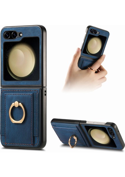 Samsung Galaxy Z Flip6 5g Kılıf Kart Yuvası Deri + Pc Retro Telefon Kapak Halkası Tutucu Kickstand-Mavi (Yurt Dışından)
