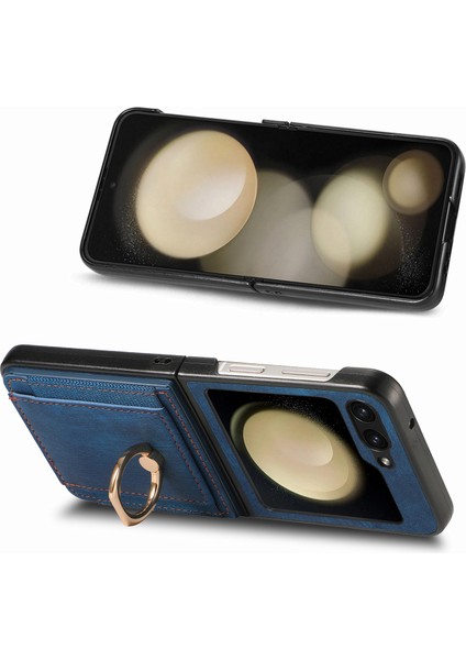 Samsung Galaxy Z Flip6 5g Kılıf Kart Yuvası Deri + Pc Retro Telefon Kapak Halkası Tutucu Kickstand-Mavi (Yurt Dışından)