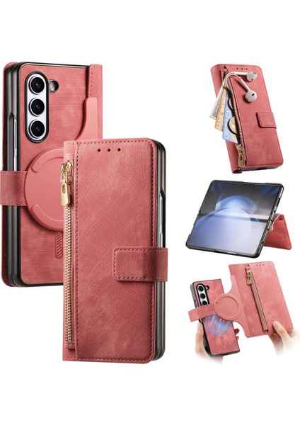 Samsung Galaxy Z Fold6 5g Kılıf Fermuarlı Kese ile Ayrılabilir Pu+Tpu Cüzdan Telefon Kılıfı-Pembe (Yurt Dışından)