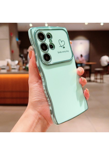 Samsung Galaxy S22 Ultra 5g Kılıf Aşk Kalpli Dalga Çerçeve Yükseltilmiş Kamera Koruma Tpu Kapak-Yeşil (Yurt Dışından)