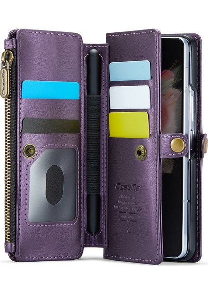 Caseme Samsung Galaxy Z Fold3 5g Kılıf Deri Telefon Çantası Stylus Yuvalı-Mor (Yurt Dışından)