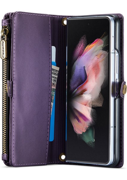 Caseme Samsung Galaxy Z Fold3 5g Kılıf Deri Telefon Çantası Stylus Yuvalı-Mor (Yurt Dışından)