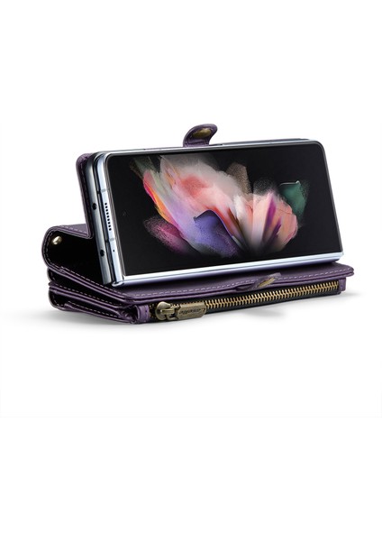 Caseme Samsung Galaxy Z Fold3 5g Kılıf Deri Telefon Çantası Stylus Yuvalı-Mor (Yurt Dışından)