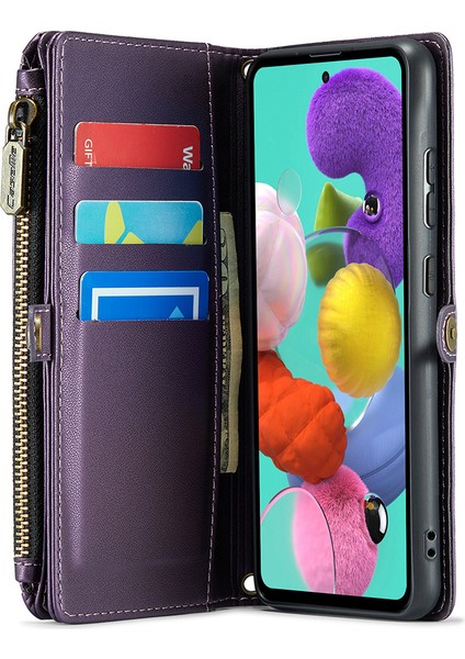 Caseme Samsung Galaxy A51 4g SM-A515 Deri Kılıf Fermuarlı Cüzdan Telefon Kapağı-Mor (Yurt Dışından)