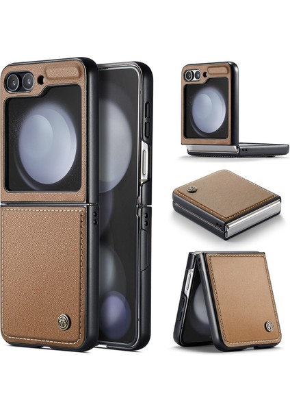 Caseme Samsung Galaxy Z Flip5 5g Kılıf Litchi Texture Deri + Pc Telefon Kapağı-Kahverengi (Yurt Dışından)