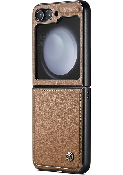 Caseme Samsung Galaxy Z Flip5 5g Kılıf Litchi Texture Deri + Pc Telefon Kapağı-Kahverengi (Yurt Dışından)