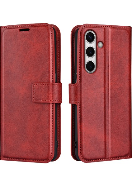 Samsung Galaxy S24 Fe Standlı Kılıf Buzağı Dokulu Çizilmez Deri Telefon Kılıfı-Kırmızı (Yurt Dışından)