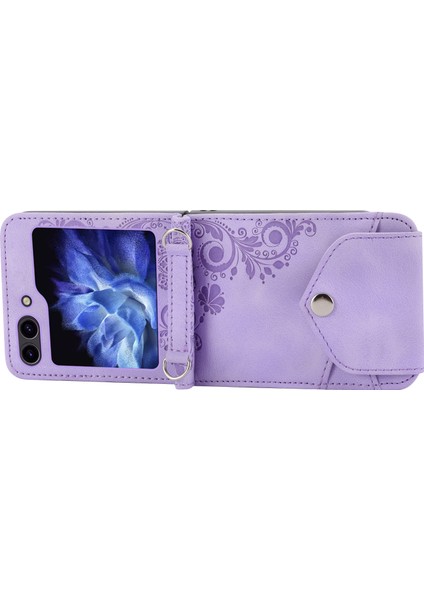 Samsung Galaxy Z Flip6 5g Deri Kılıf Çoklu Kart Yuvalı Omuz Askılı Telefon Kılıfı-Mor (Yurt Dışından)