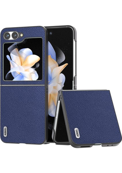 Abeel Samsung Galaxy Z Flip6 5g Kılıf Litchi Doku Hakiki Inek Deri + Pc Telefon Kapağı-Mavi (Yurt Dışından)