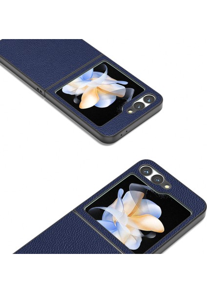 Abeel Samsung Galaxy Z Flip6 5g Kılıf Litchi Doku Hakiki Inek Deri + Pc Telefon Kapağı-Mavi (Yurt Dışından)