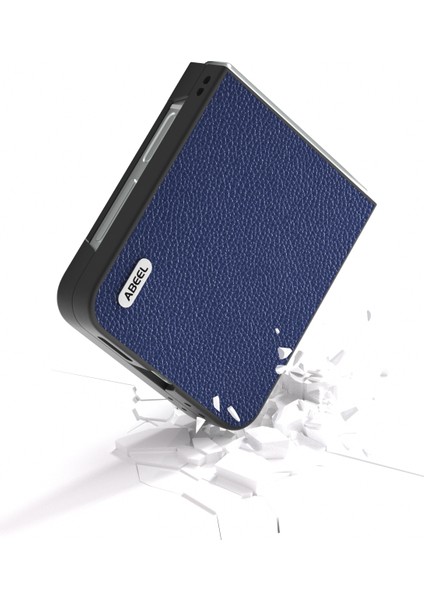 Abeel Samsung Galaxy Z Flip6 5g Kılıf Litchi Doku Hakiki Inek Deri + Pc Telefon Kapağı-Mavi (Yurt Dışından)