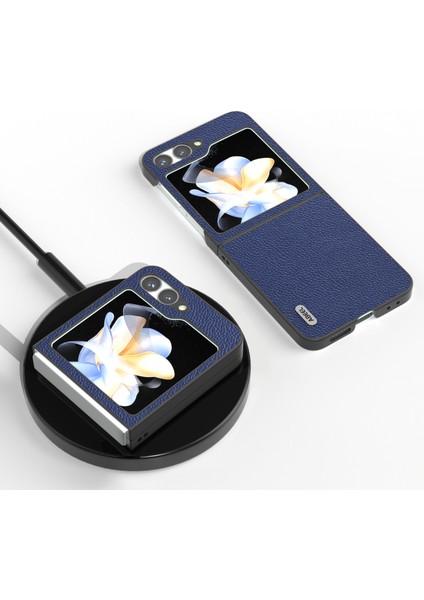 Abeel Samsung Galaxy Z Flip6 5g Kılıf Litchi Doku Hakiki Inek Deri + Pc Telefon Kapağı-Mavi (Yurt Dışından)