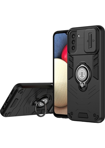 Samsung Galaxy S21 Fe 5g Kılıf Kaydırmalı Lens Kapağı Düşme Önleyici Telefon Kapağı Halkalı Kickstand-Siyah (Yurt Dışından)