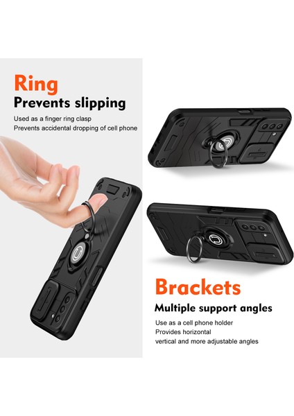 Samsung Galaxy S21 Fe 5g Kılıf Kaydırmalı Lens Kapağı Düşme Önleyici Telefon Kapağı Halkalı Kickstand-Siyah (Yurt Dışından)