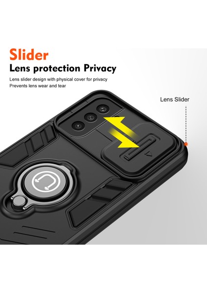 Samsung Galaxy S21 Fe 5g Kılıf Kaydırmalı Lens Kapağı Düşme Önleyici Telefon Kapağı Halkalı Kickstand-Siyah (Yurt Dışından)