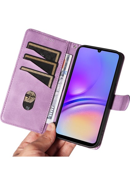 Samsung Galaxy A05 4g Kılıf 3 Kart Yuvalı Cüzdan T Şekilli Çizgili Deri Kılıf-Açık Mor (Yurt Dışından)