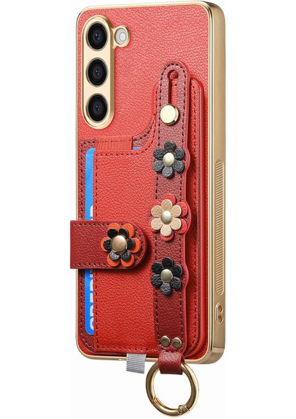 Samsung Galaxy 23+ Kılıf Deri Kaplamalı Tpu Telefon Kılıfı Düşmeyi Önleyici Bileklik 3D Çiçek Dedor-Kırmızı (Yurt Dışından)