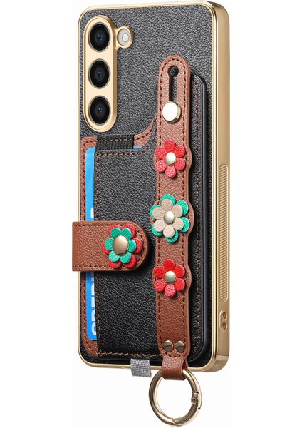 Samsung Galaxy 23+ Kılıf Deri Kaplamalı Tpu Telefon Kılıfı Düşmeyi Önleyici Bileklik 3D Çiçek Dedor-Siyah (Yurt Dışından)