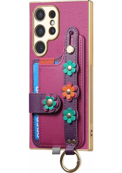 Samsung Galaxy S23 Ultra Kılıf 3D Çiçek Deri Telefon Arka Kapak Bileklik Kickstand-Mor (Yurt Dışından)
