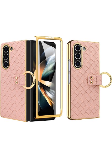 Seashell Digital Samsung Galaxy Z Fold5 5g Kılıf Dokuma Doku Deri+Arka Ekran Filmli Pc Telefon Kılıfı-Pembe (Yurt Dışından)