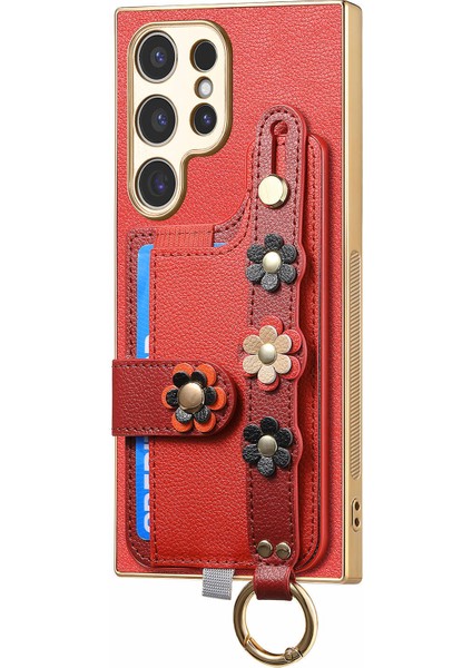 Samsung Galaxy S23 Ultra Kılıf 3D Çiçek Deri Telefon Arka Kapak Bileklik Kickstand-Kırmızı (Yurt Dışından)