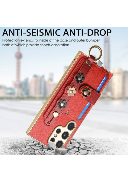 Samsung Galaxy S23 Ultra Kılıf 3D Çiçek Deri Telefon Arka Kapak Bileklik Kickstand-Kırmızı (Yurt Dışından)