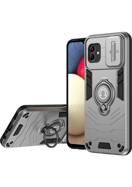 Samsung Galaxy A04 4g (164,4 x 76,3 x 9,1 Mm) Kılıf Halkası Kickstand Pc+Tpu Kaydırmalı Lensli Telefon Kılıfı Koruma-Gri (Yurt Dışından)