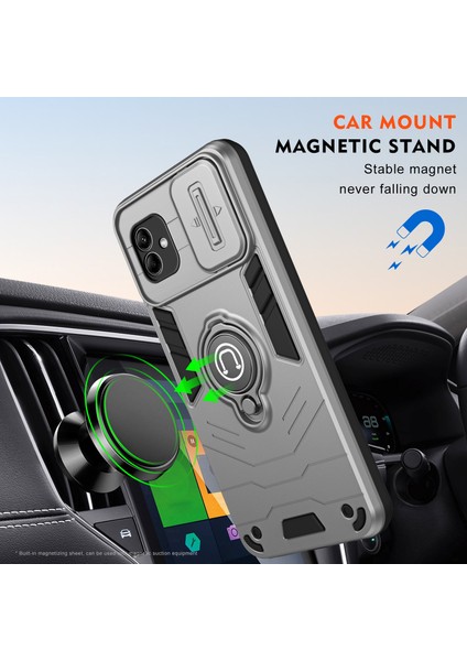 Samsung Galaxy A04 4g (164,4 x 76,3 x 9,1 Mm) Kılıf Halkası Kickstand Pc+Tpu Kaydırmalı Lensli Telefon Kılıfı Koruma-Gri (Yurt Dışından)