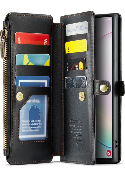 Samsung Galaxy Note 10 Plus 4g/5g Kılıf 10 Kart Yuvalı Deri Fermuarlı Telefon Kapağı-Siyah (Yurt Dışından) fiyatları