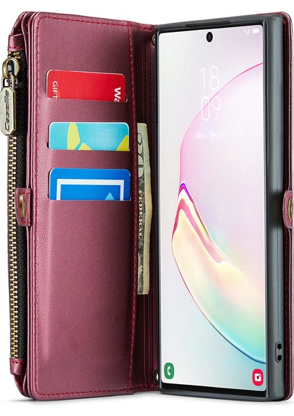 Samsung Galaxy Note 10 Plus 4g/5g Kılıf 10 Kart Yuvalı Deri Fermuarlı Telefon Kapağı-Şarap Kırmızısı (Yurt Dışından) modelleri