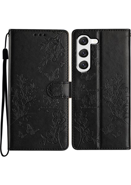 Samsung Galaxy S23+ Deri Kılıf Çiçek Baskılı Cüzdan Telefon Kapağı-Siyah (Yurt Dışından)