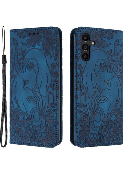 Samsung Galaxy A25 5g (Global) (161.0 x 76.5 x 8.3mm) Kılıf Fil Desenli Flip Cüzdan Deri Telefon Kapağı-Mavi (Yurt Dışından)