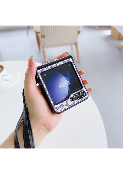 Samsung Galaxy Z Flip6 5g Kılıf Çiçek Desenli Pu Deri Kaplamalı Pc Telefon Kılıfı Çapraz Askılı-Mor (Yurt Dışından)
