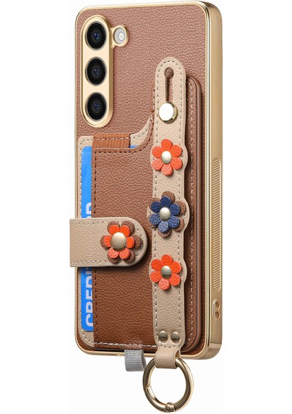 Samsung Galaxy 23+ Kılıf Deri Kaplamalı Tpu Telefon Kılıfı Düşmeyi Önleyici Bileklik 3D Çiçek Dedor-Kahverengi (Yurt Dışından)
