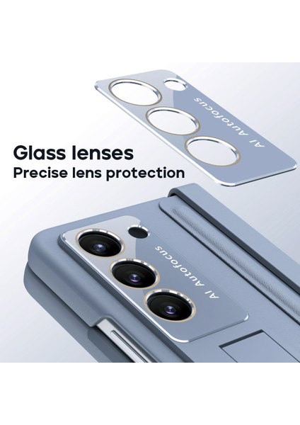 Samsung Galaxy Z Fold6 5g Kılıf Menteşe Deri + Pc Kickstand Telefon Kapağı Temperli Cam Filmli-Bebek Mavisi (Yurt Dışından)
