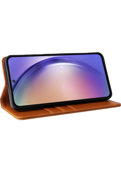 Samsung Galaxy A55 5g Kılıf Rfıd Engelleme Deri Cüzdan Kapak Manyetik Kapatma-Kahverengi (Yurt Dışından)