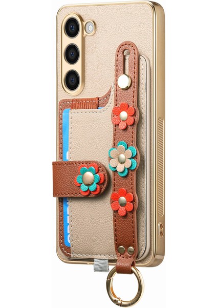 Samsung Galaxy 23+ Kılıf Deri Kaplamalı Tpu Telefon Kılıfı Düşmeyi Önleyici Bileklik 3D Çiçek Dedor-Haki (Yurt Dışından)