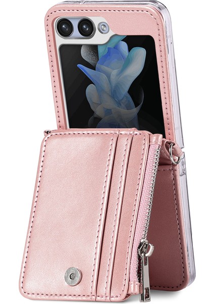 Samsung Galaxy Z Flip6 5g Kılıf Fermuarlı Kart Tutucu Uzun Askılı Deri Telefon Kılıfı-Pembe (Yurt Dışından)