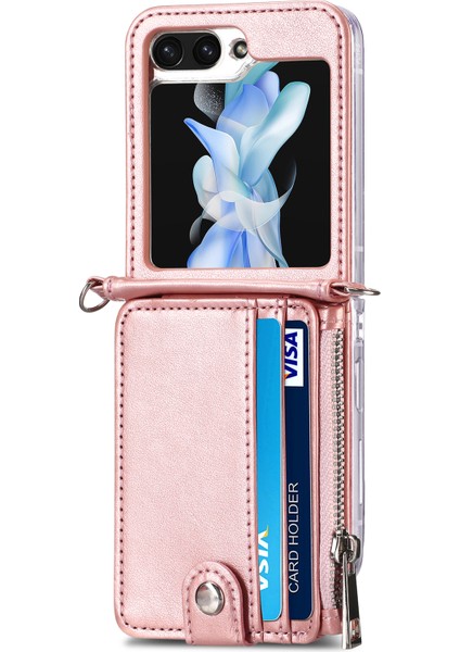 Samsung Galaxy Z Flip6 5g Kılıf Fermuarlı Kart Tutucu Uzun Askılı Deri Telefon Kılıfı-Pembe (Yurt Dışından)