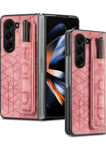 Samsung Galaxy Z Fold6 5g Kılıf Bilek Bandı Deri + Kalem Yuvalı Pc Kapağı-Pembe (Yurt Dışından)