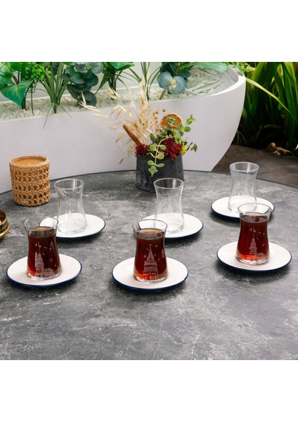 Galata ve Kız Kulesi 6'lı Cam Çay Bardağı ve Çay Tabağı Seti