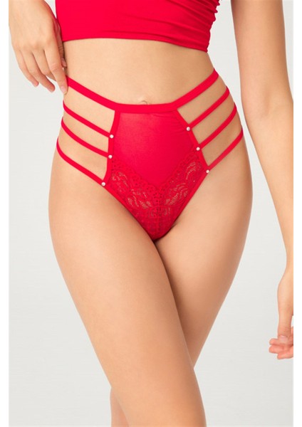 Kırmızı Transparan Lastik Detaylı Fiyonklu Kadın Bikini Külot fırsatları